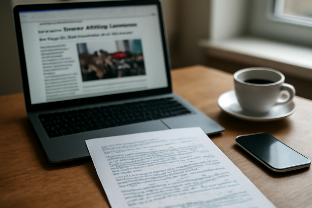 Meja kerja jurnalis dengan laptop menampilkan artikel berita asing dan catatan terjemahan untuk pengecekan kutipan