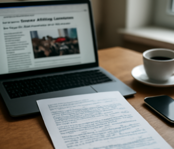 Meja kerja jurnalis dengan laptop menampilkan artikel berita asing dan catatan terjemahan untuk pengecekan kutipan