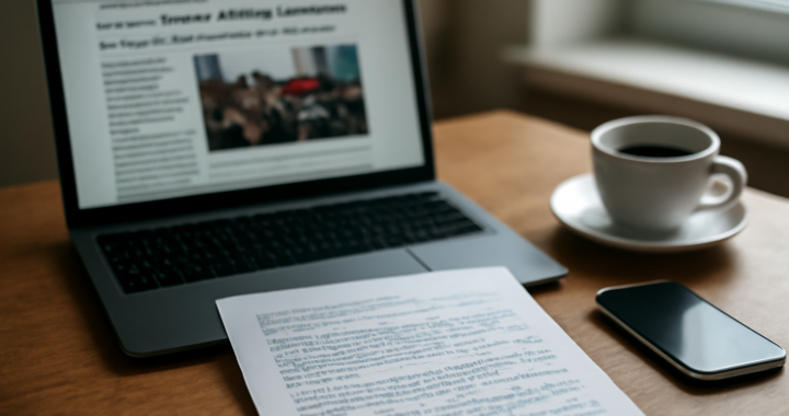 Meja kerja jurnalis dengan laptop menampilkan artikel berita asing dan catatan terjemahan untuk pengecekan kutipan