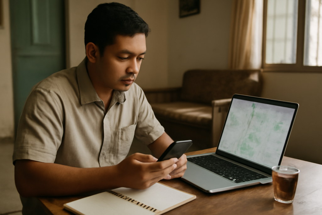 Seseorang memeriksa berita bencana alam di ponsel sambil membandingkan peta di laptop