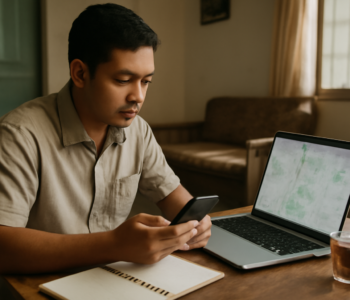 Seseorang memeriksa berita bencana alam di ponsel sambil membandingkan peta di laptop