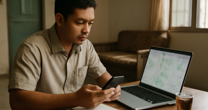 Seseorang memeriksa berita bencana alam di ponsel sambil membandingkan peta di laptop