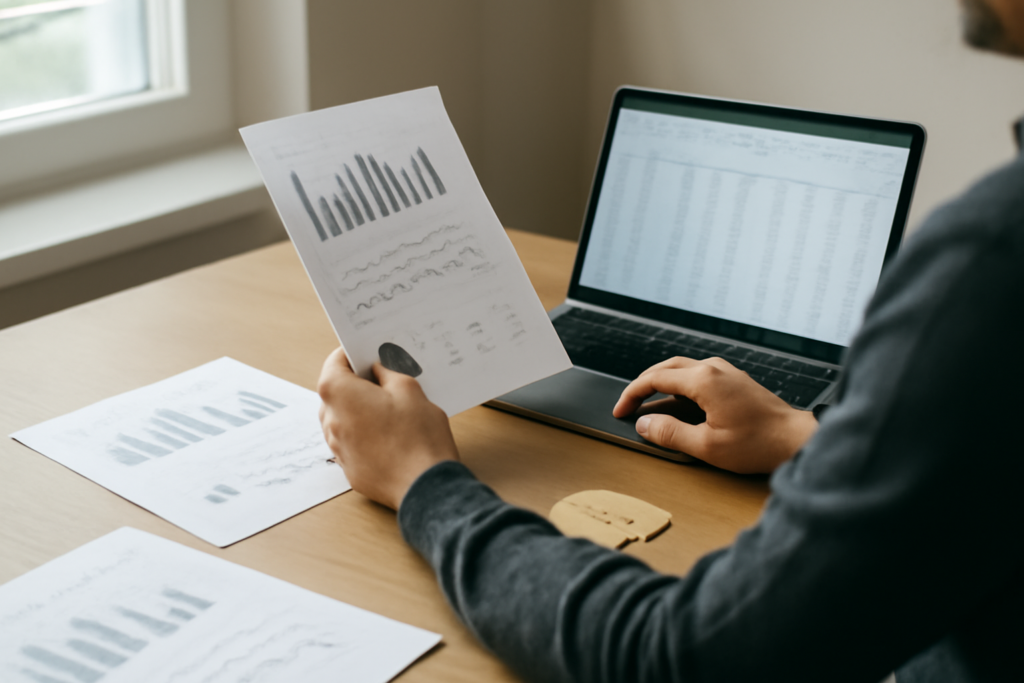 Seseorang memeriksa laporan data dan tabel angka di meja kerja untuk memverifikasi klaim berita