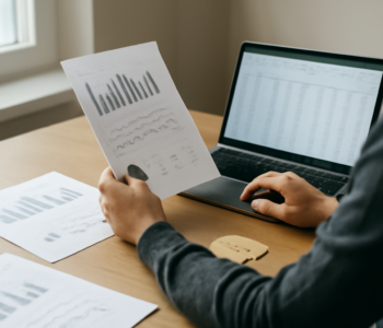 Seseorang memeriksa laporan data dan tabel angka di meja kerja untuk memverifikasi klaim berita