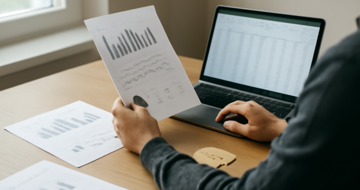 Seseorang memeriksa laporan data dan tabel angka di meja kerja untuk memverifikasi klaim berita